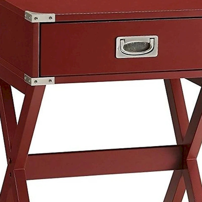 Roter Beistelltisch aus Holz mit X-Beinen und Schublade - 18 W x 16 D x 24 H