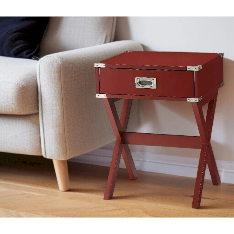 Roter Beistelltisch aus Holz mit X-Beinen und Schublade - 18 W x 16 D x 24 H