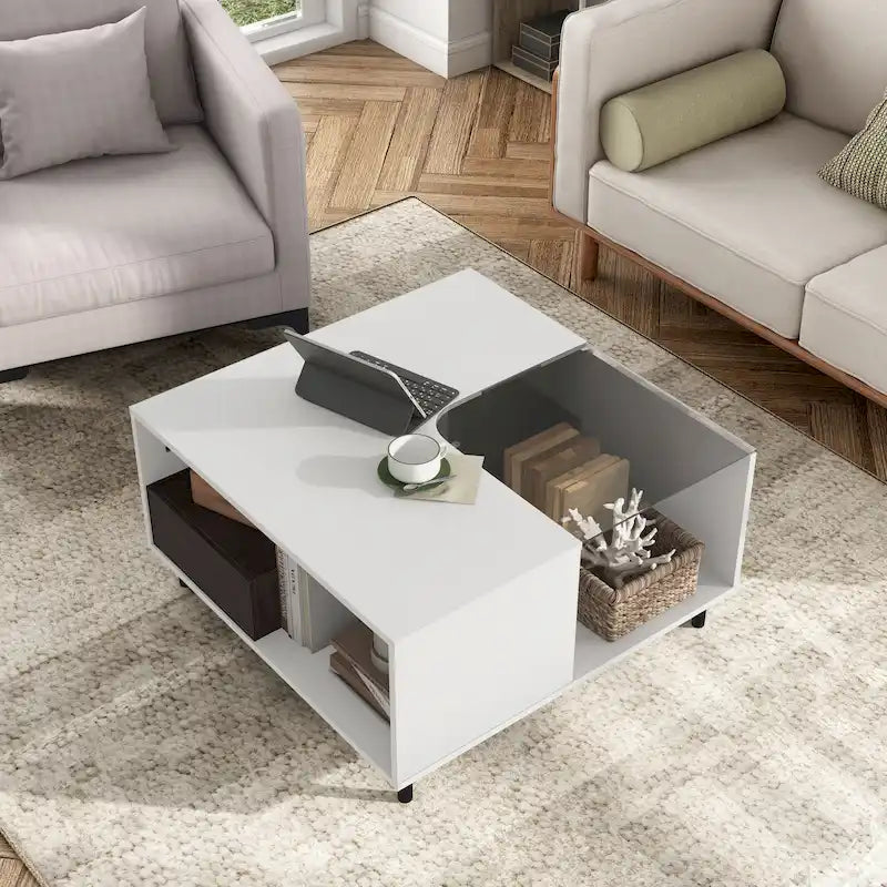 Mesa de centro cuadrada moderna blanca con luz LED de 16 colores, estante y cajón