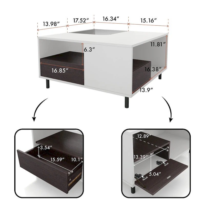 Table basse carrée blanche moderne avec éclairage LED à 16 couleurs, étagère et tiroir