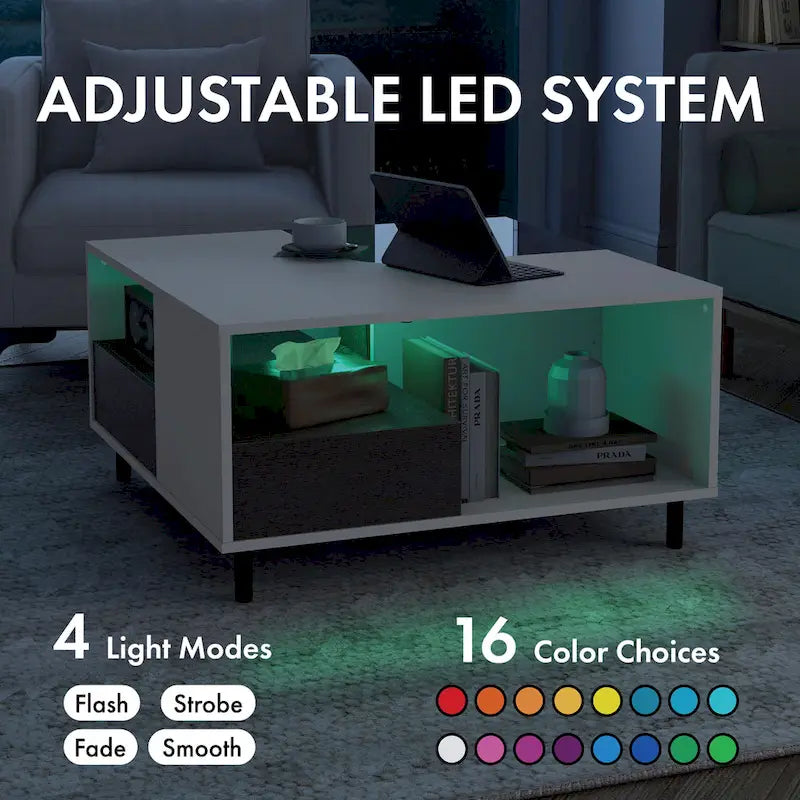 Table basse carrée blanche moderne avec éclairage LED à 16 couleurs, étagère et tiroir
