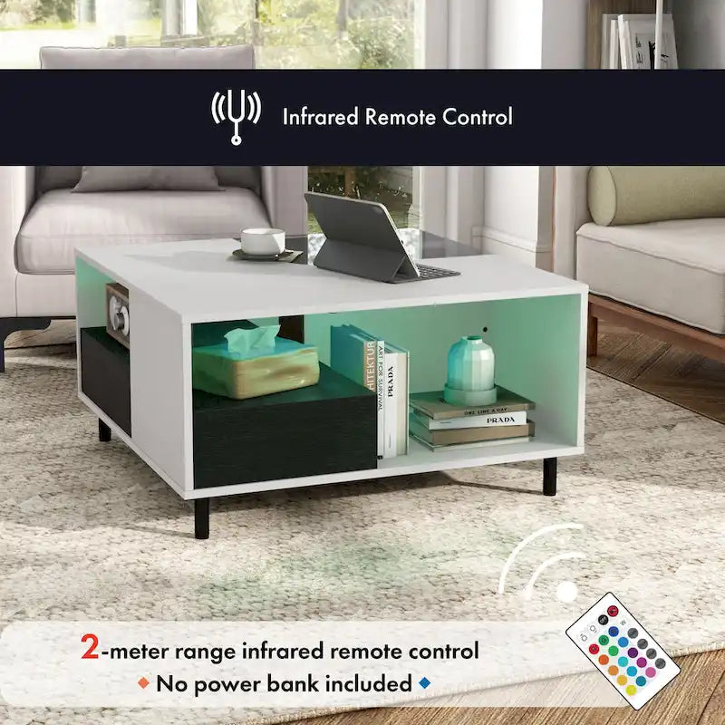 Table basse carrée blanche moderne avec éclairage LED à 16 couleurs, étagère et tiroir