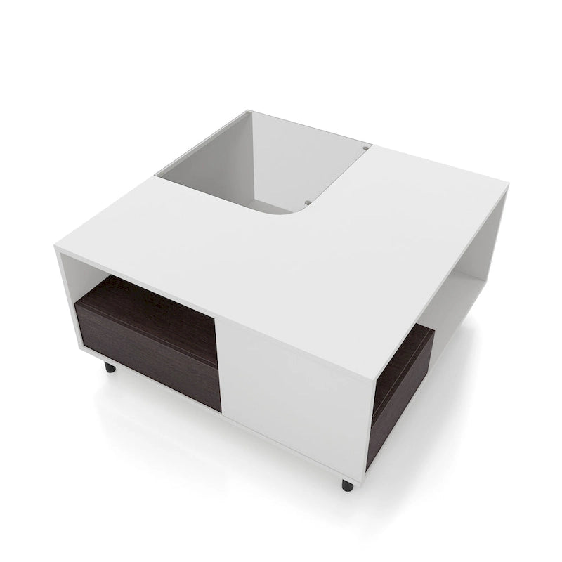 Table basse carrée blanche moderne avec éclairage LED à 16 couleurs, étagère et tiroir