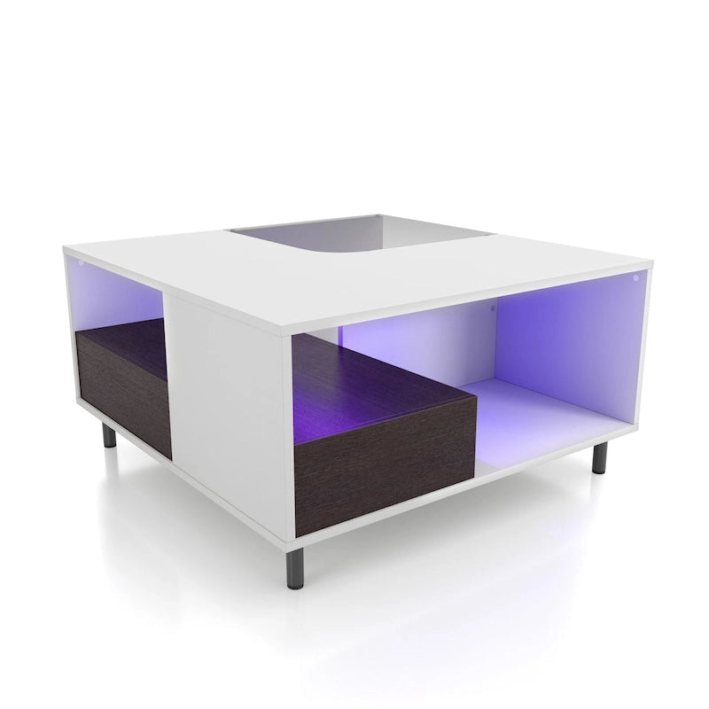 Table basse carrée blanche moderne avec éclairage LED à 16 couleurs, étagère et tiroir