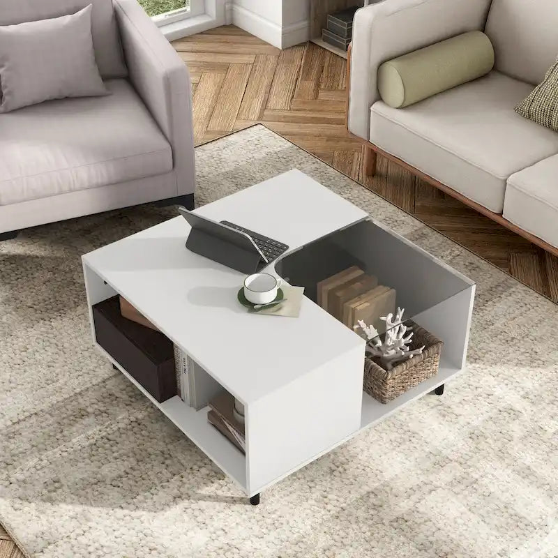 Table basse carrée blanche moderne avec éclairage LED à 16 couleurs, étagère et tiroir