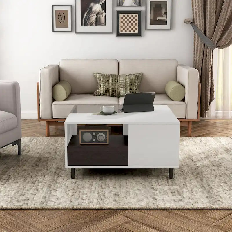 Mesa de centro cuadrada moderna blanca con luz LED de 16 colores, estante y cajón