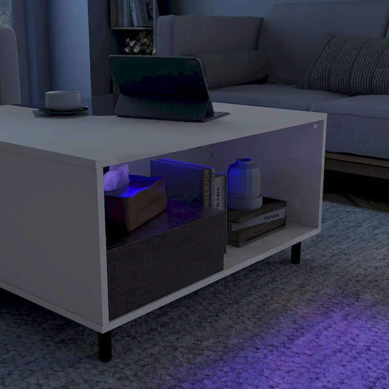 Table basse carrée blanche moderne avec éclairage LED à 16 couleurs, étagère et tiroir
