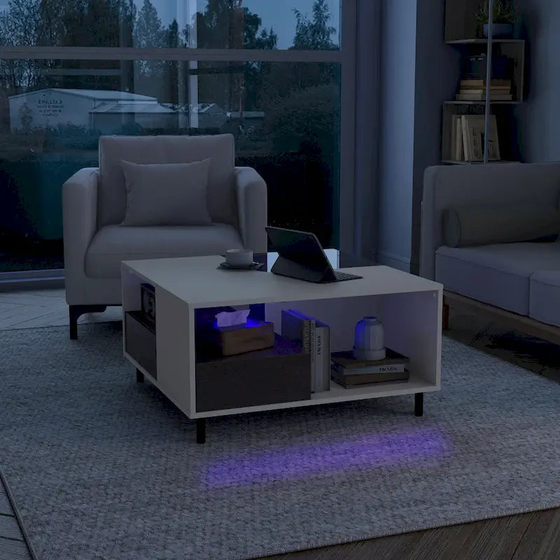 Table basse carrée blanche moderne avec éclairage LED à 16 couleurs, étagère et tiroir