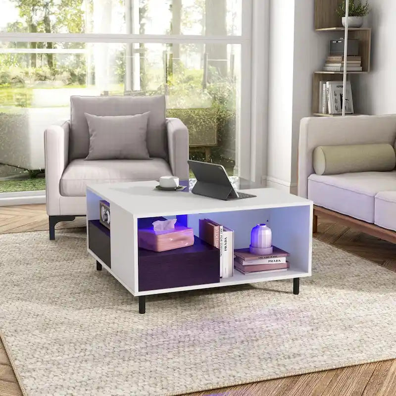 Table basse carrée blanche moderne avec éclairage LED à 16 couleurs, étagère et tiroir