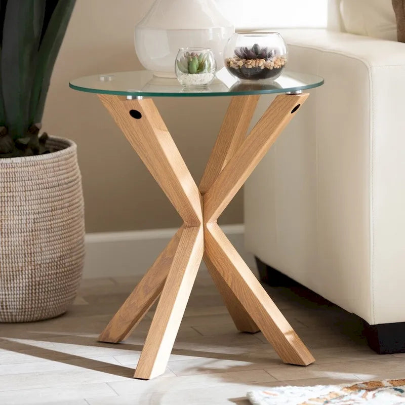 Mesa auxiliar con acabado de vidrio y madera