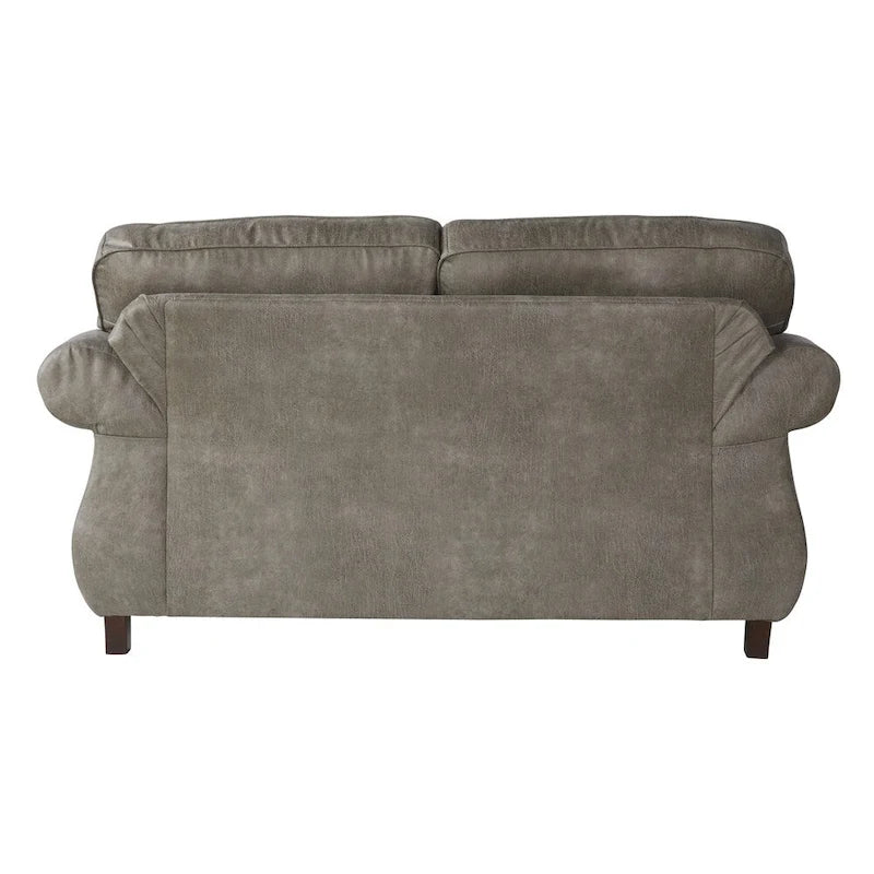 Sofá biplaza color gris piedra tapizado en cuero sintético con tachuelas decorativas