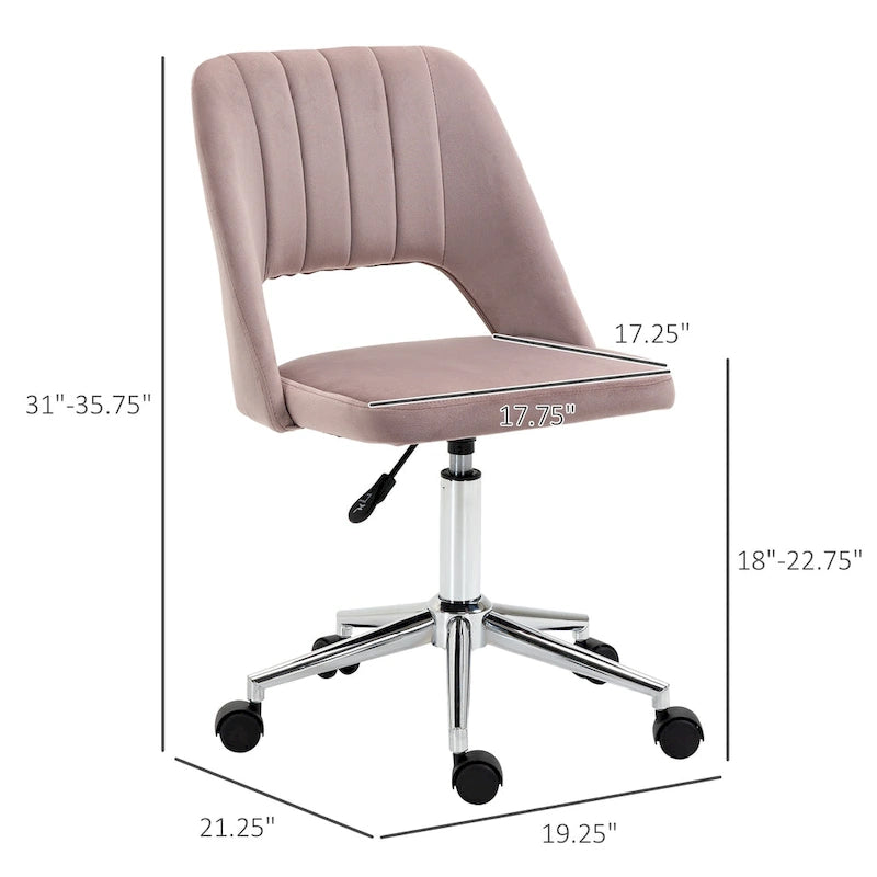 Chaise de bureau moderne à dossier mi-haut en velours, chaise de bureau pivotante sans accoudoirs