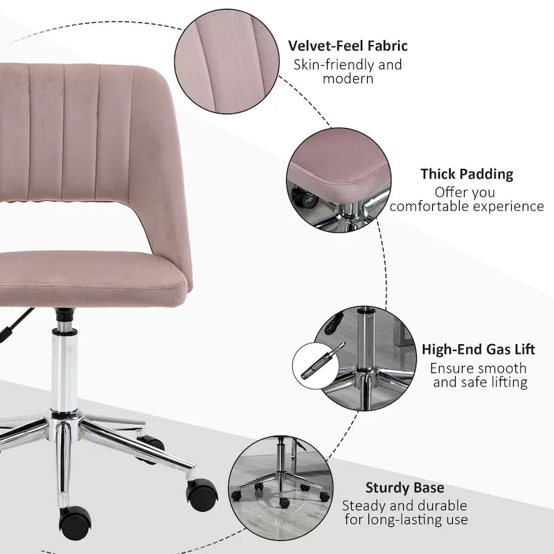 Silla de oficina moderna de respaldo medio con tela de terciopelo, silla giratoria de escritorio para computadora sin brazos