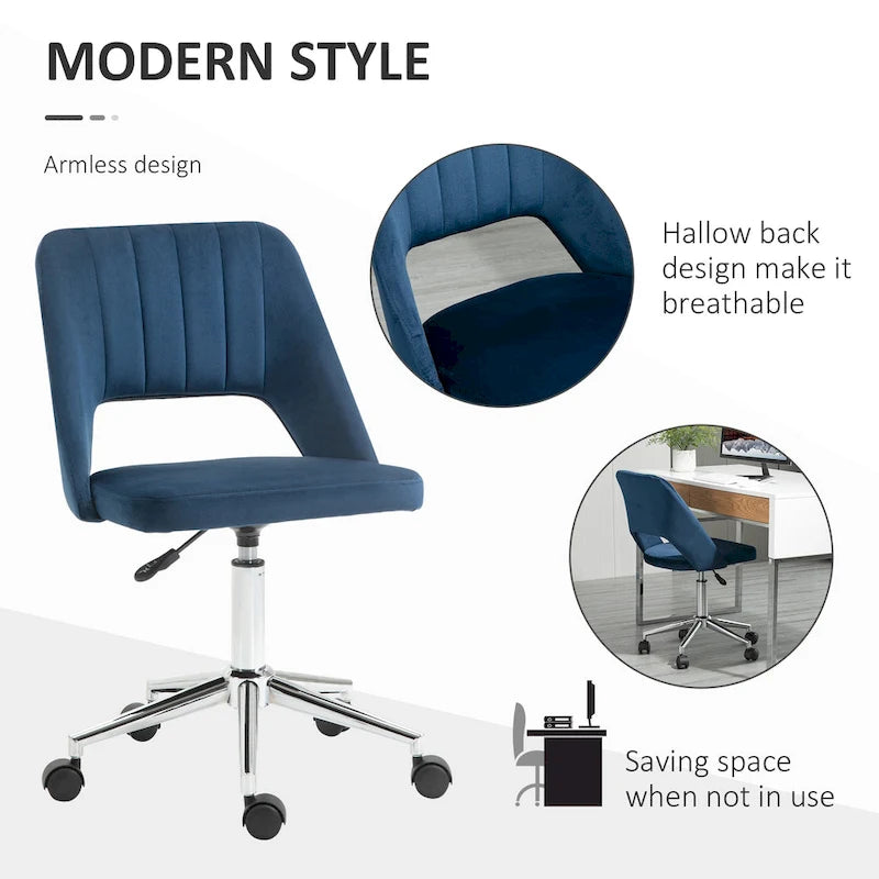 Silla de oficina moderna de respaldo medio con tela de terciopelo, silla giratoria de escritorio para computadora sin brazos
