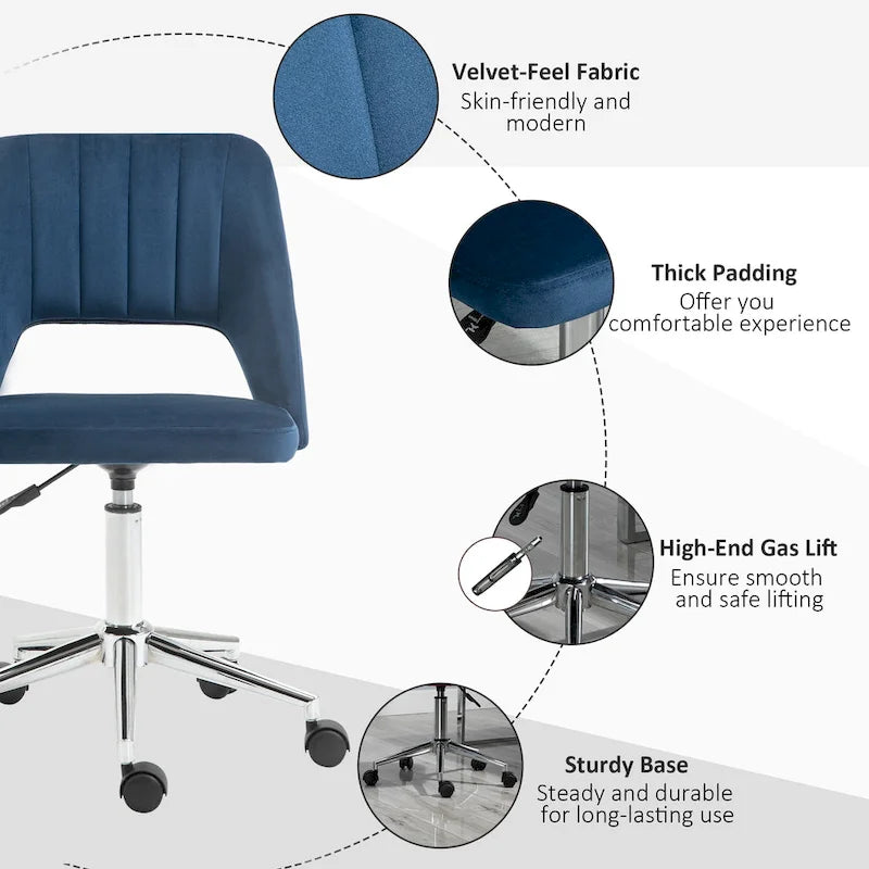 Silla de oficina moderna de respaldo medio con tela de terciopelo, silla giratoria de escritorio para computadora sin brazos