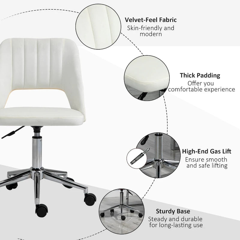 Silla de oficina moderna de respaldo medio con tela de terciopelo, silla giratoria de escritorio para computadora sin brazos