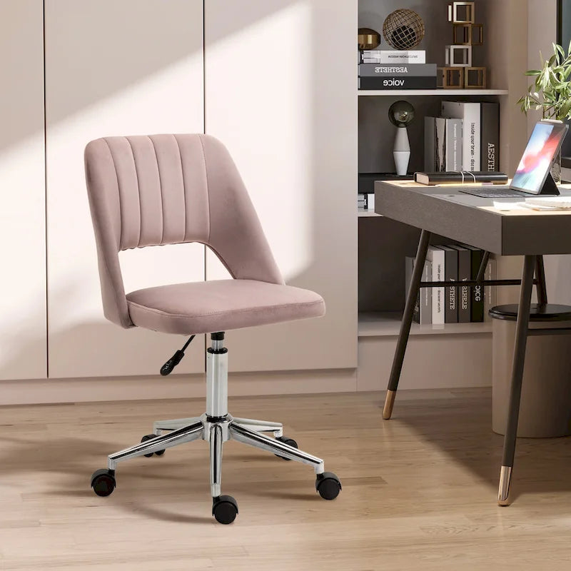 Silla de oficina moderna de respaldo medio con tela de terciopelo, silla giratoria de escritorio para computadora sin brazos
