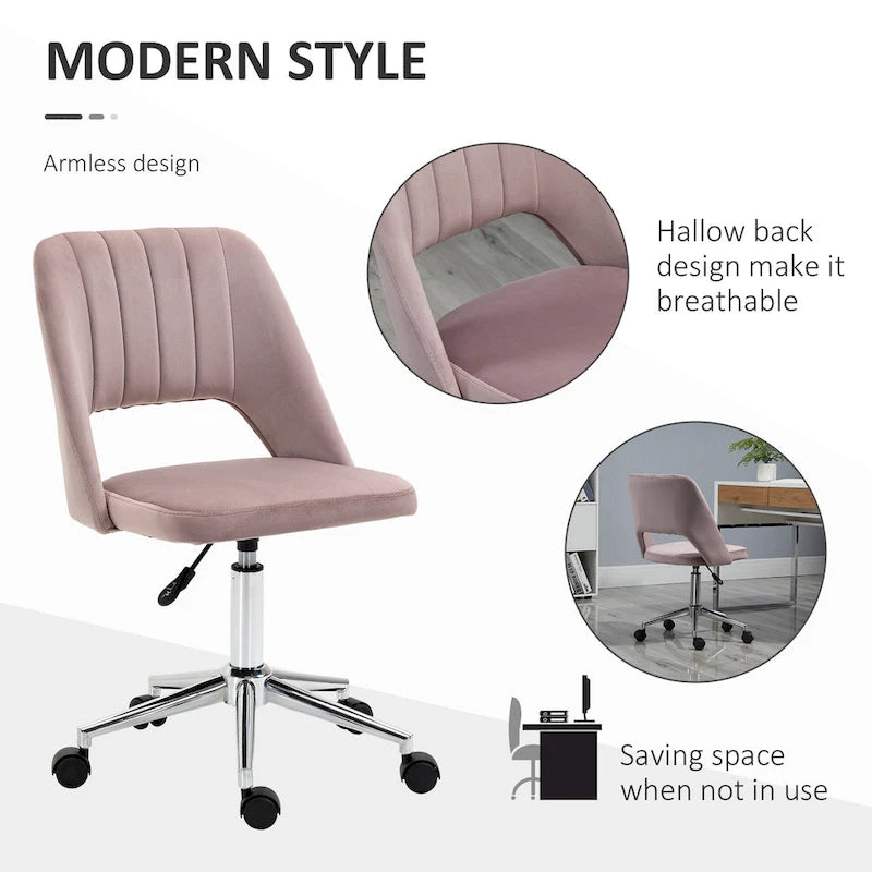 Silla de oficina moderna de respaldo medio con tela de terciopelo, silla giratoria de escritorio para computadora sin brazos