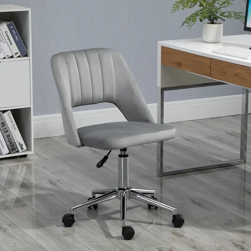 Silla de oficina moderna de respaldo medio con tela de terciopelo, silla giratoria de escritorio para computadora sin brazos