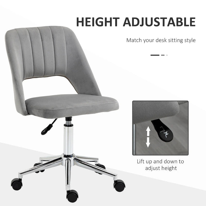 Silla de oficina moderna de respaldo medio con tela de terciopelo, silla giratoria de escritorio para computadora sin brazos