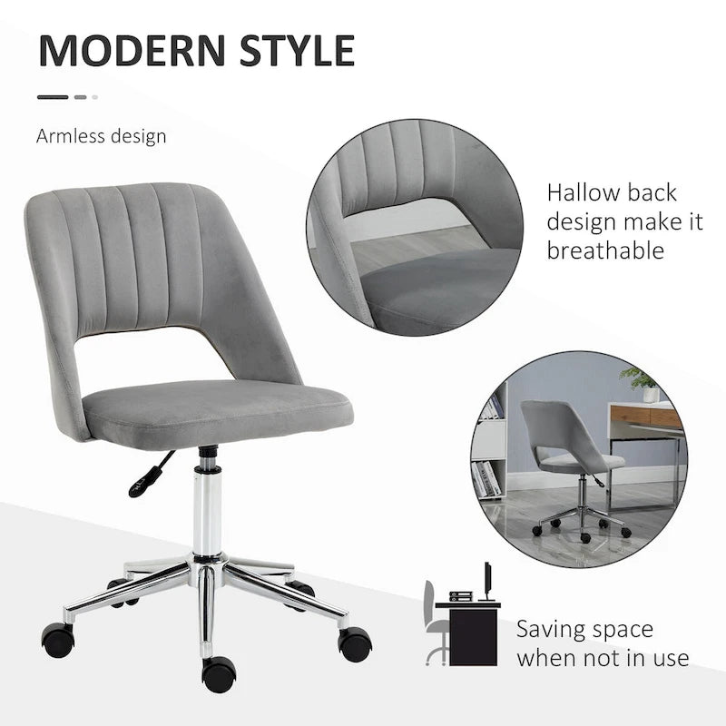Silla de oficina moderna de respaldo medio con tela de terciopelo, silla giratoria de escritorio para computadora sin brazos