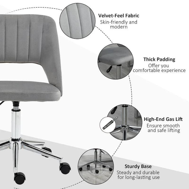 Silla de oficina moderna de respaldo medio con tela de terciopelo, silla giratoria de escritorio para computadora sin brazos