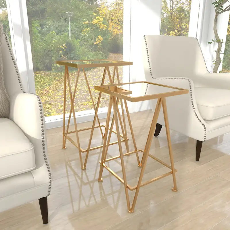 Moderner Akzenttisch aus Metall in Gold, Silber oder Schwarz mit Spiegelglasplatte (2er-Set) - 15 x 15 x 25