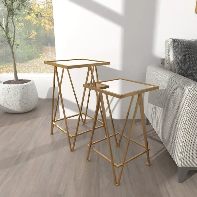 Moderner Akzenttisch aus Metall in Gold, Silber oder Schwarz mit Spiegelglasplatte (2er-Set) - 15 x 15 x 25