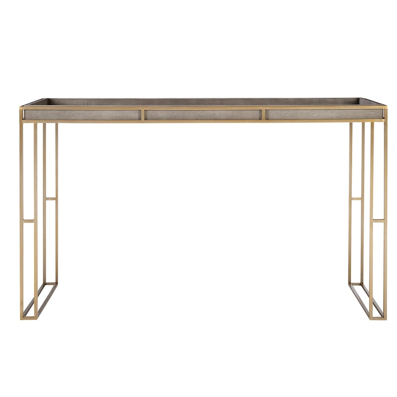 Table console moderne pour entrée, table de canapé avec plateau en pierre et pieds géométriques en métal doré