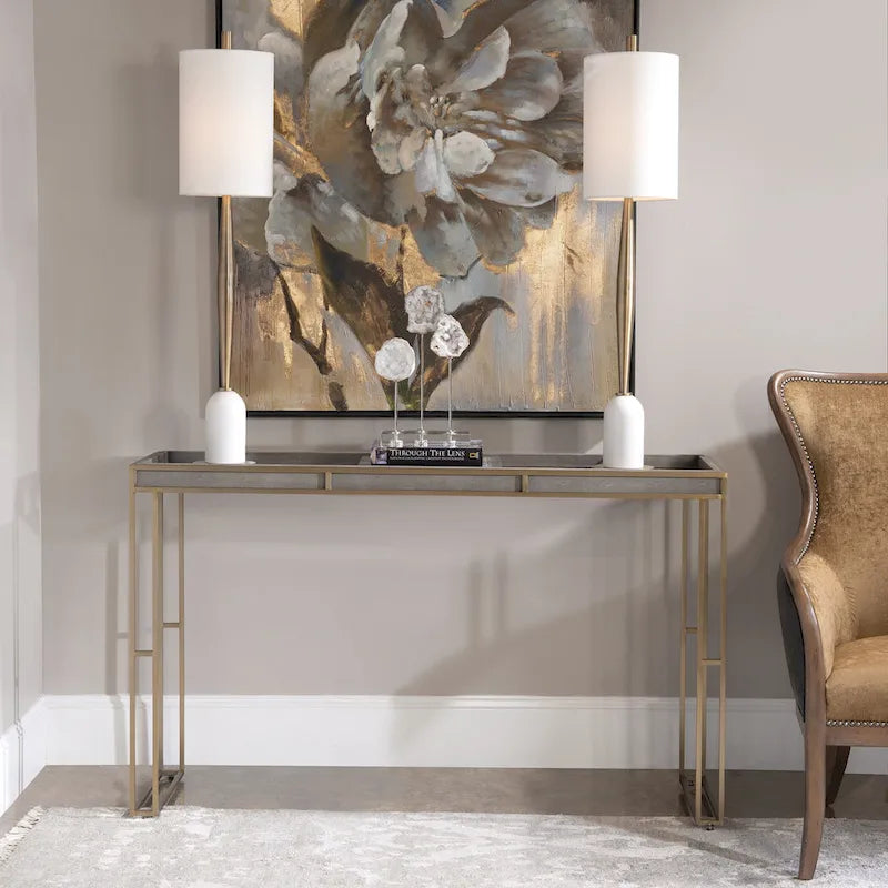 Table console moderne pour entrée, table de canapé avec plateau en pierre et pieds géométriques en métal doré