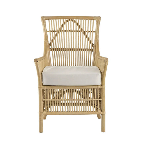 Rattan-Esszimmerstuhl mit Armlehnen, 23 Zoll, gepolsterte Sitzfläche aus weißem Stoff, Naturbraun