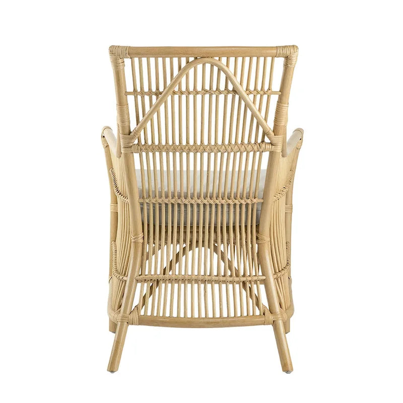 Sillón de comedor de ratán de 23 pulgadas, asiento acolchado de tela blanca, marrón natural