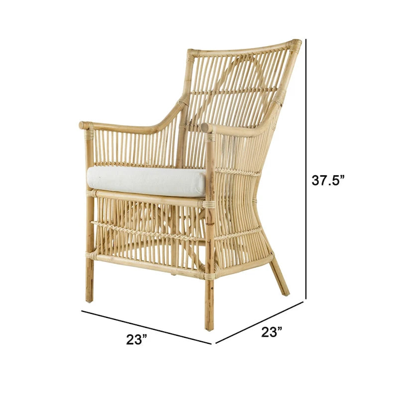 Sillón de comedor de ratán de 23 pulgadas, asiento acolchado de tela blanca, marrón natural