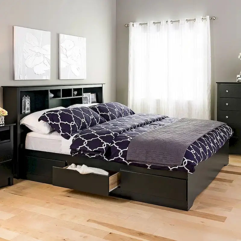 Cadre de lit plateforme king size en bois noir avec tiroirs de rangement