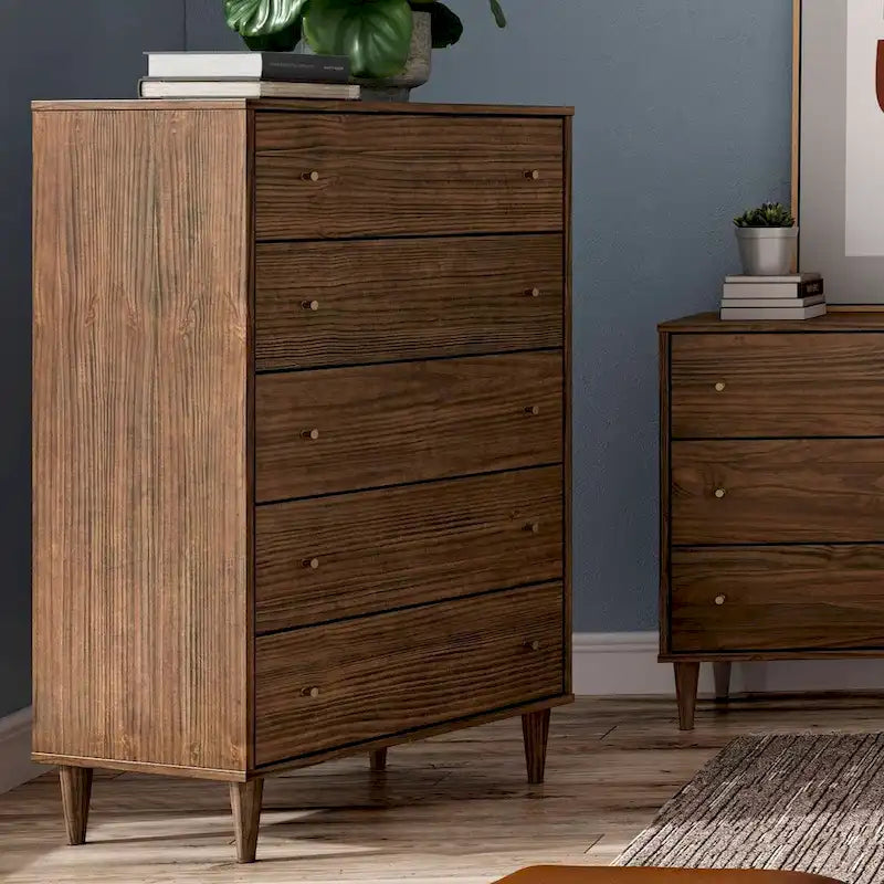 Commode rustique de style farmhouse et du milieu du siècle à 5 tiroirs