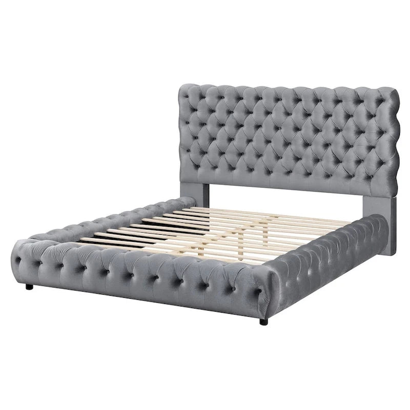 James King Size Bed, Platform Style, Button Tufted Gray Velvet Upholstery