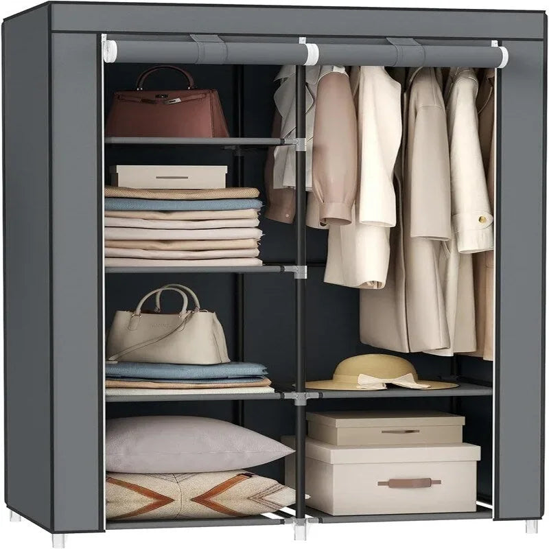Armario portátil independiente de tela con estructura metálica, organizador de ropa con funda antipolvo