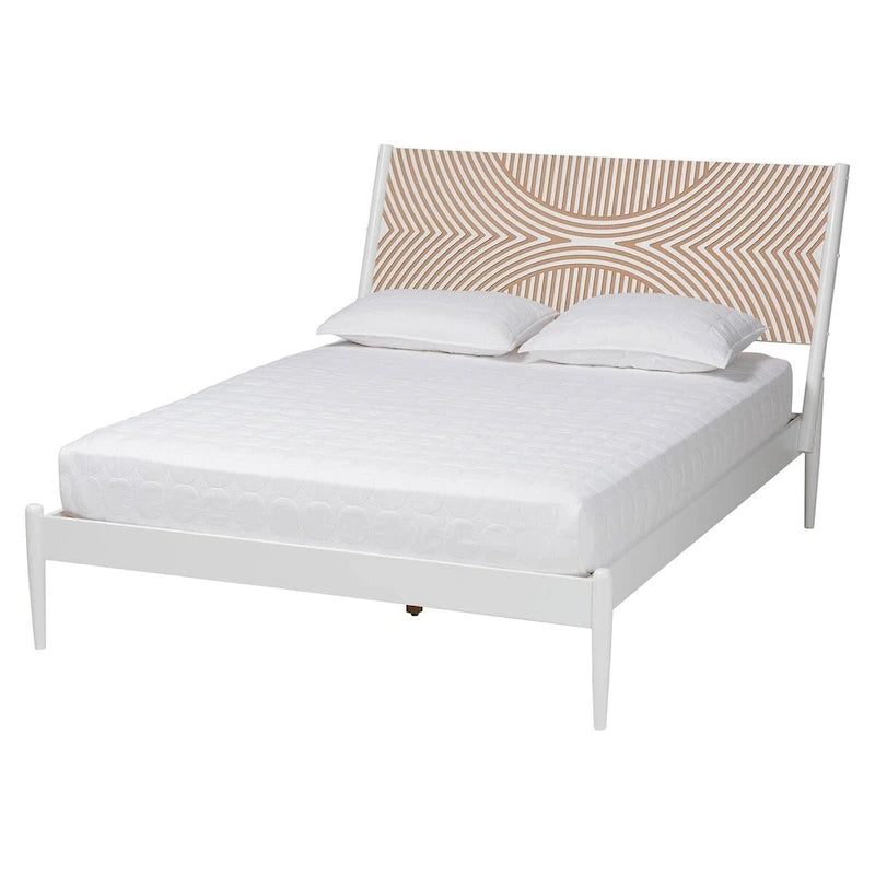 Plattformbett in Küstenstil, weiß, für Queensize-Matratze, mit geschnitztem, kontrastierendem Kopfteil