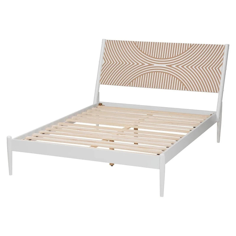 Plattformbett in Küstenstil, weiß, für Queensize-Matratze, mit geschnitztem, kontrastierendem Kopfteil