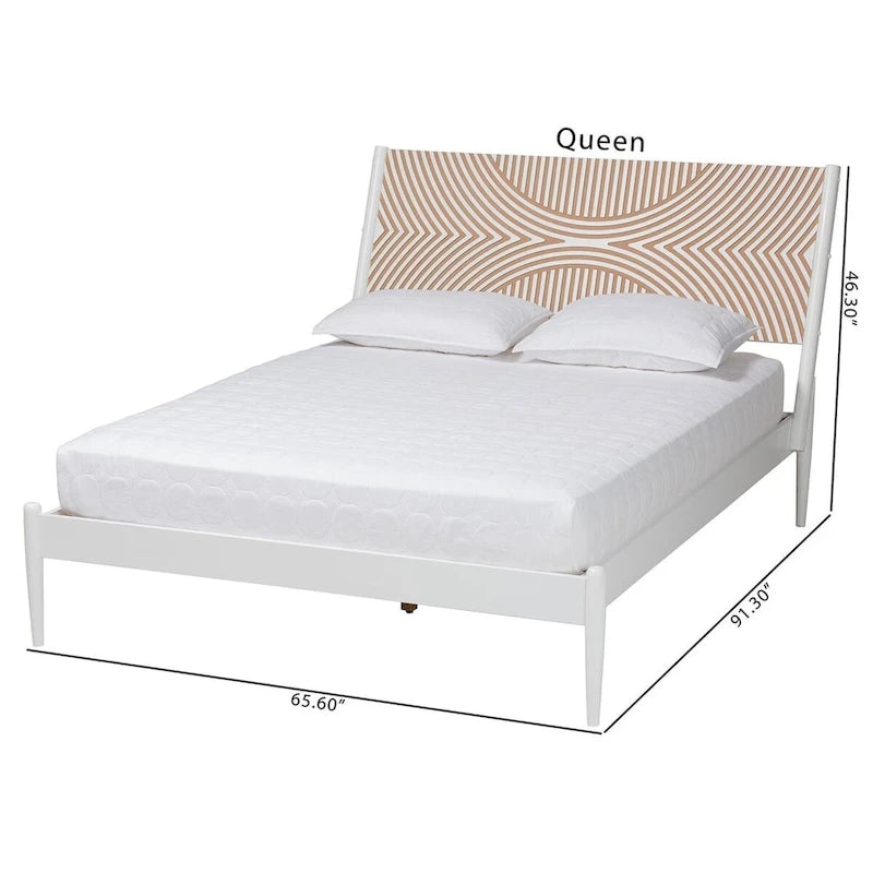 Plattformbett in Küstenstil, weiß, für Queensize-Matratze, mit geschnitztem, kontrastierendem Kopfteil