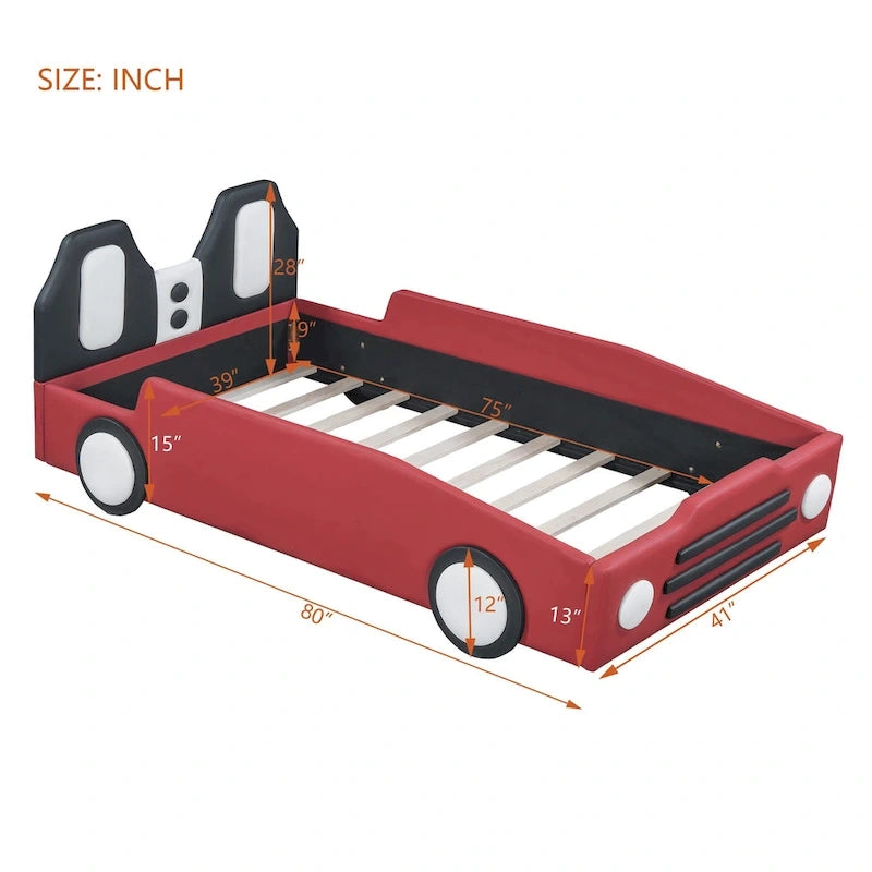 Lit plateforme en forme de voiture de course avec roues