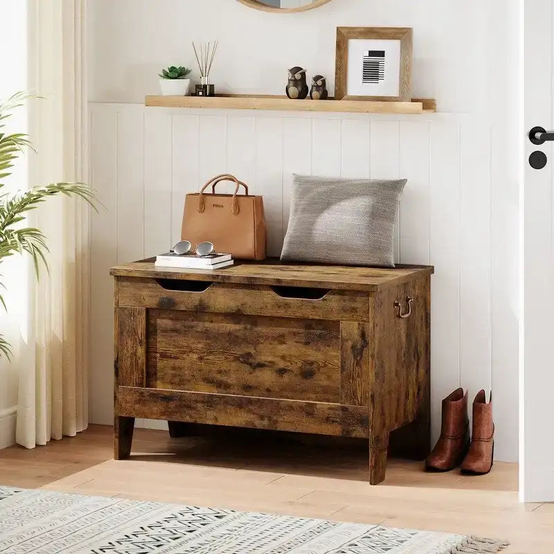 Coffre de rangement, coffre à jouets rétro avec charnière de sécurité, banc de rangement robuste pour entrée, meuble d’appoint aspect bois, assemblage facile, brun rustique