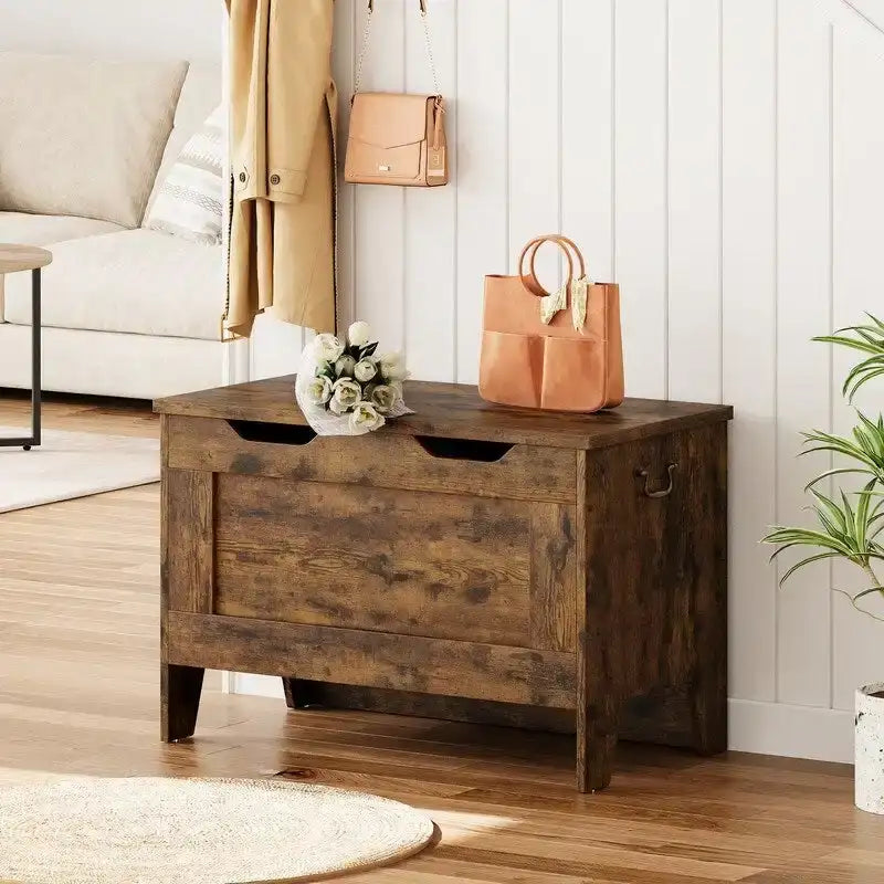 Baúl de almacenamiento, organizador retro para juguetes con bisagra de seguridad, banco resistente para la entrada, mueble decorativo con aspecto de madera, fácil de montar, marrón rústico