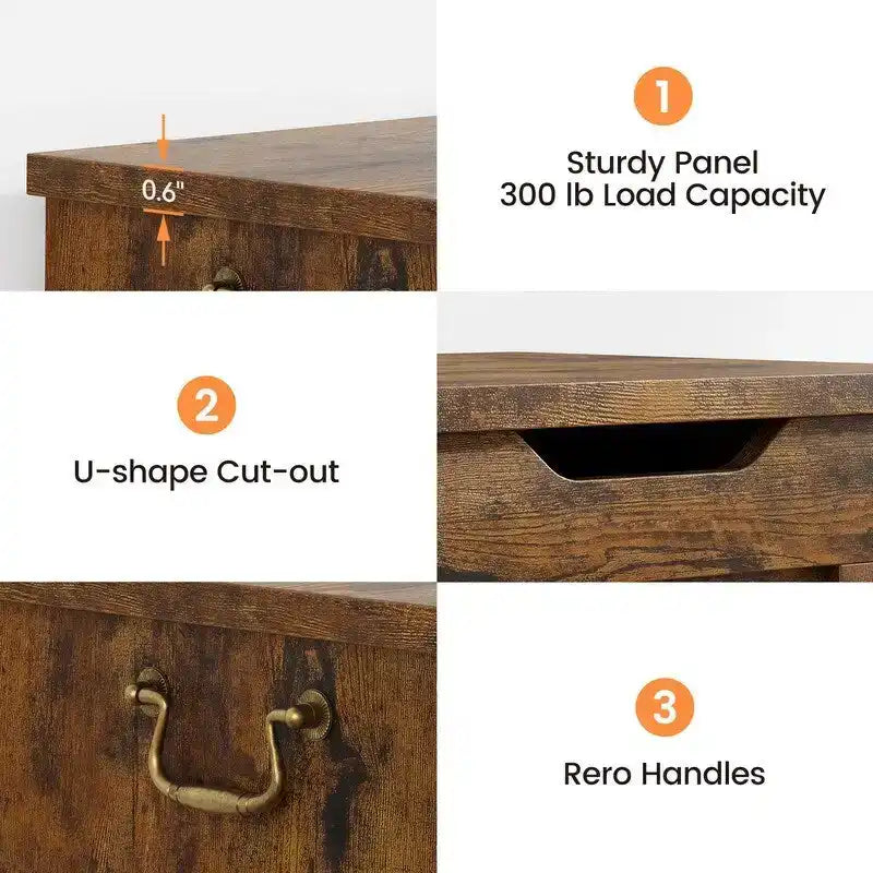 Baúl de almacenamiento, organizador retro para juguetes con bisagra de seguridad, banco resistente para la entrada, mueble decorativo con aspecto de madera, fácil de montar, marrón rústico