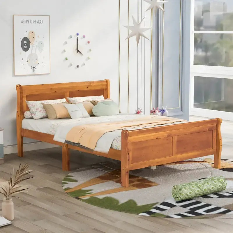 Lit plateforme en bois de format double avec tête de lit et support à lattes, design minimaliste pour chambre à coucher