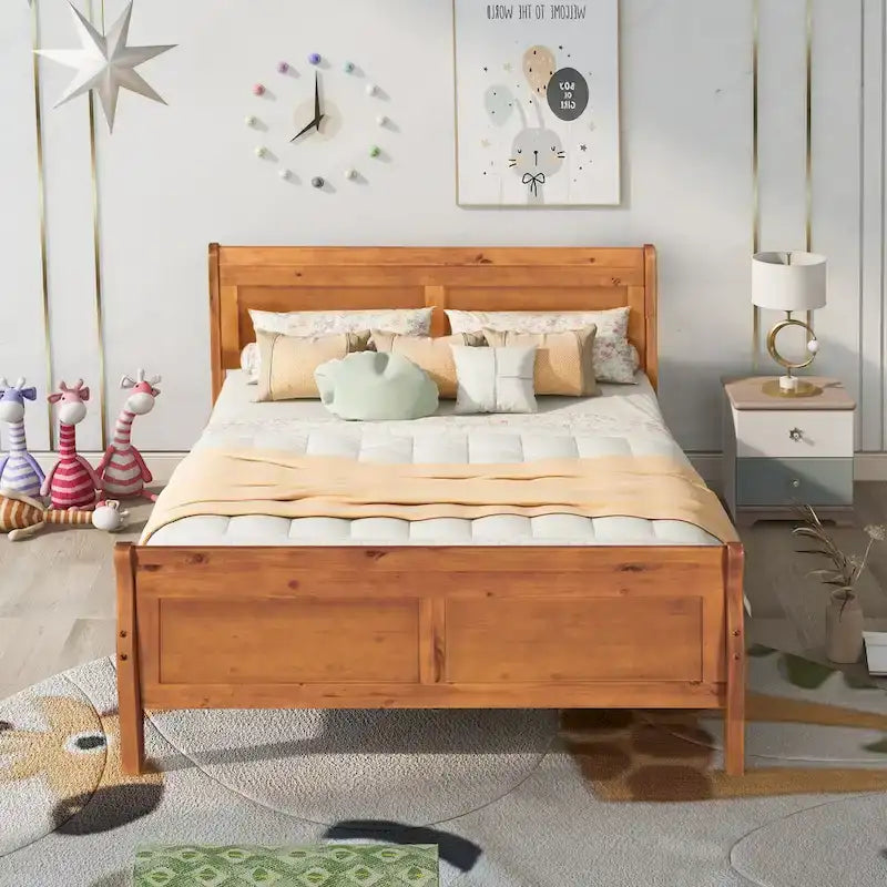 Lit plateforme en bois de format double avec tête de lit et support à lattes, design minimaliste pour chambre à coucher