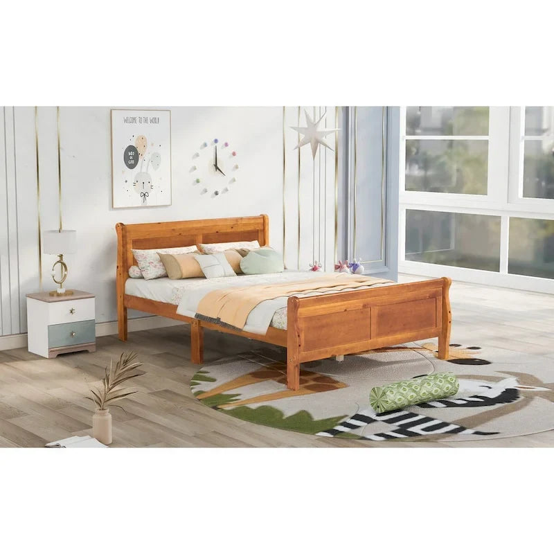 Plattformbett aus Holz in voller Größe mit Kopfteil und Lattenrost, minimalistisches Design fürs Schlafzimmer