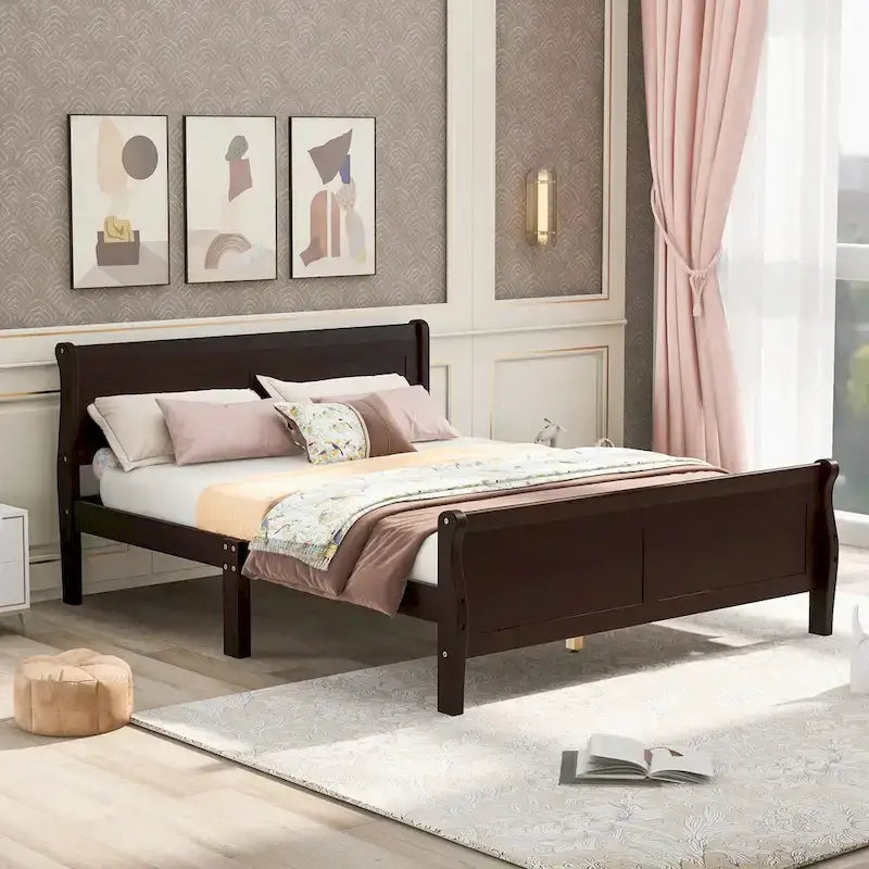 Plattformbett aus Holz in voller Größe mit Kopfteil und Lattenrost, minimalistisches Design fürs Schlafzimmer