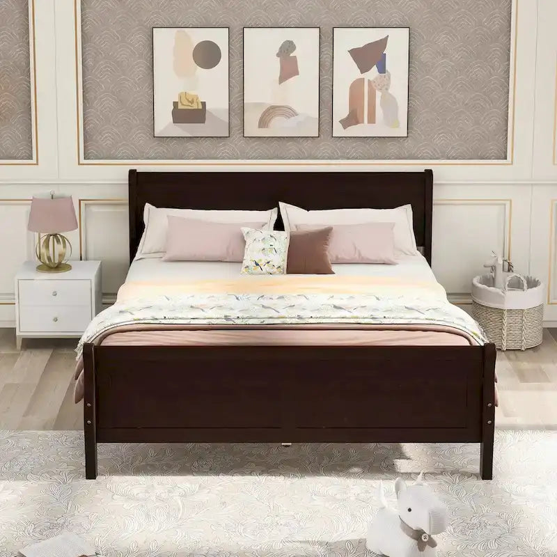 Plattformbett aus Holz in voller Größe mit Kopfteil und Lattenrost, minimalistisches Design fürs Schlafzimmer