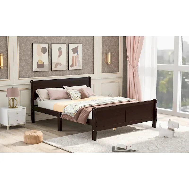 Plattformbett aus Holz in voller Größe mit Kopfteil und Lattenrost, minimalistisches Design fürs Schlafzimmer